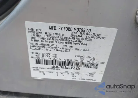 2021 Ford Ecosport Ses из США, поврежденный, VIN MAJ6S3JL1MC456226
